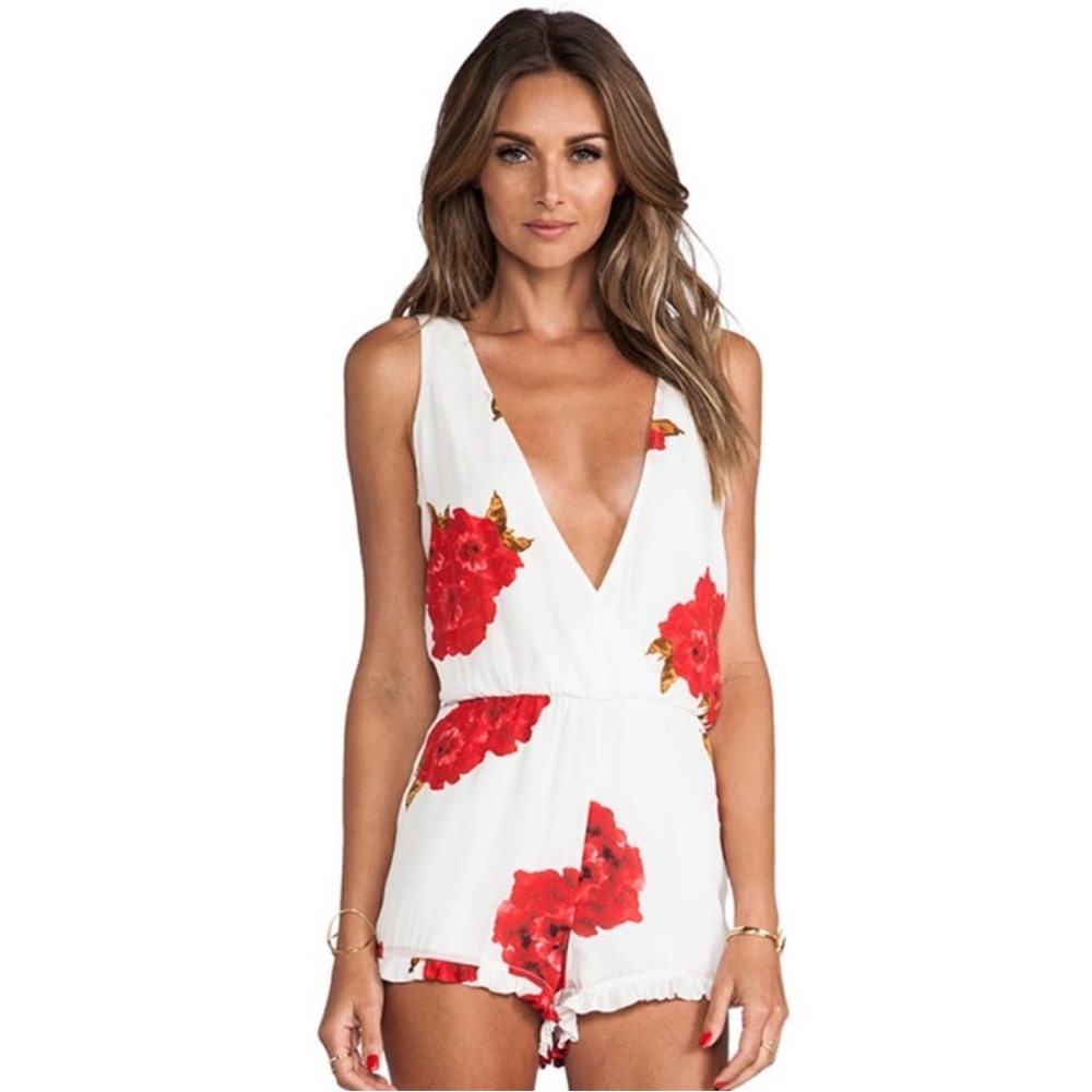 NEW Anthropologie Winston White Ryder Romper Mojave Rose Ruffle Red Floral